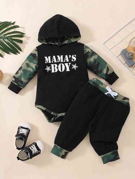 

baby letter & camo print hooded bodysuit & bow front sweatpants she, White