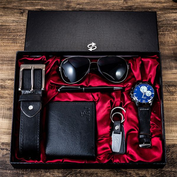 

new creative 6pcs men's gift set beautifully packaged watch glasses leather belt wallet keychain pen gifts for men drop shipping, Slivery;black