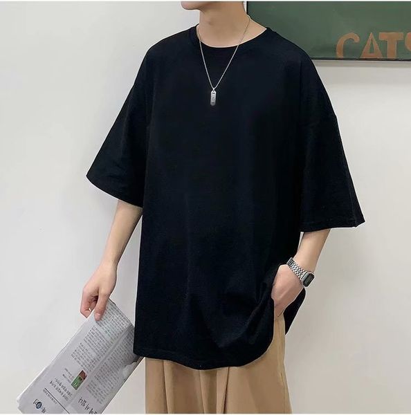 

short men's base shirt summer thin loose t-shirt trend quarter sleeve lovers, White;black