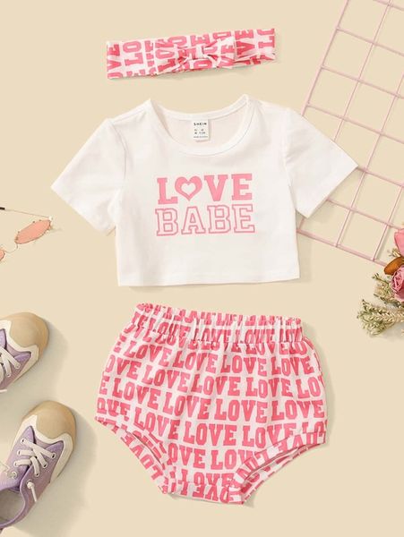 

baby letter graphic tee & shorts with headband she, White