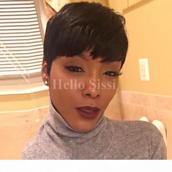 

real human hair pixie cut black short wig for black women adjustable size hair human short black wigs african american wigs, Black;brown