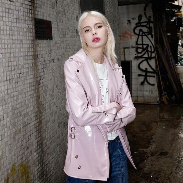

autumn new fashion women long pink streetwear style faux leather pu jackets coats slim waist female pu jackets gx12051, Black