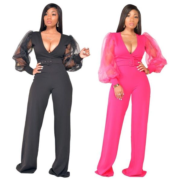 

women's jumpsuits & rompers mesh puff long sleeves v-neck loose style flare pants spring and autumn fomal women jumpsuit with sashes, Black;white