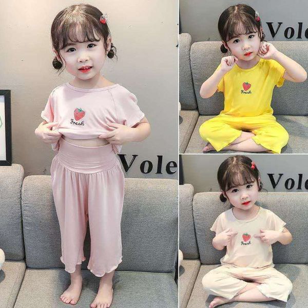 

girls' modal pajamas summer short sve thin high waist belly care home children's air conditioning cloth, Blue;red