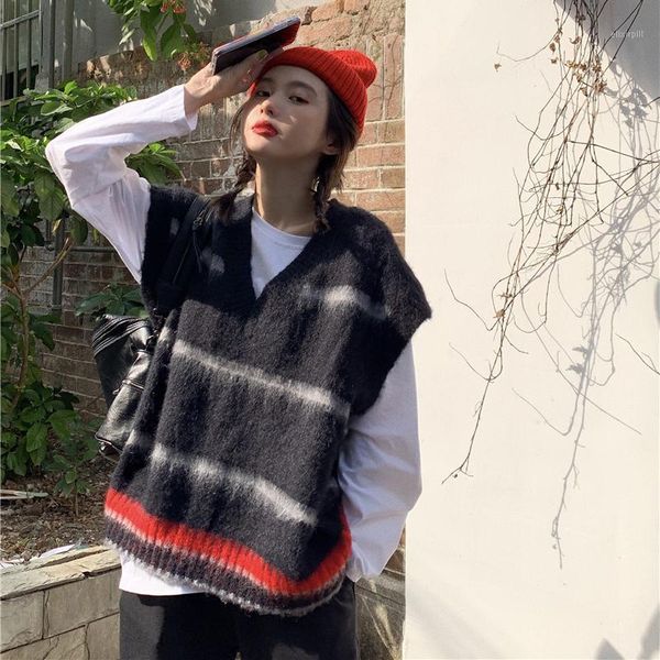 

streetwear tie dye knitted vests for women 2020 autumn winter v-neck sleeveless striped sweaters waistcoat temperament loose, Black;white
