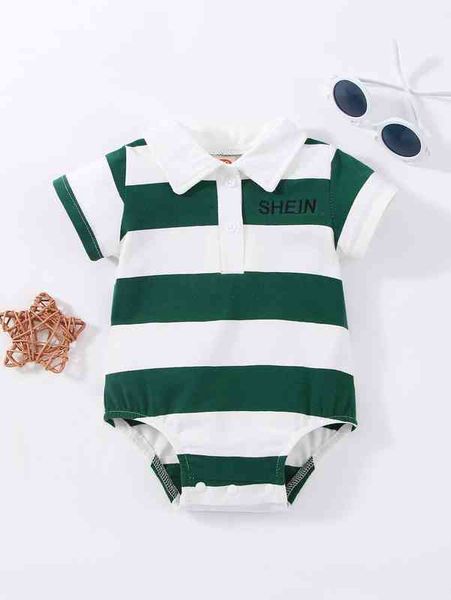 

baby striped print letter embroidery polo neck bodysuit she, Blue