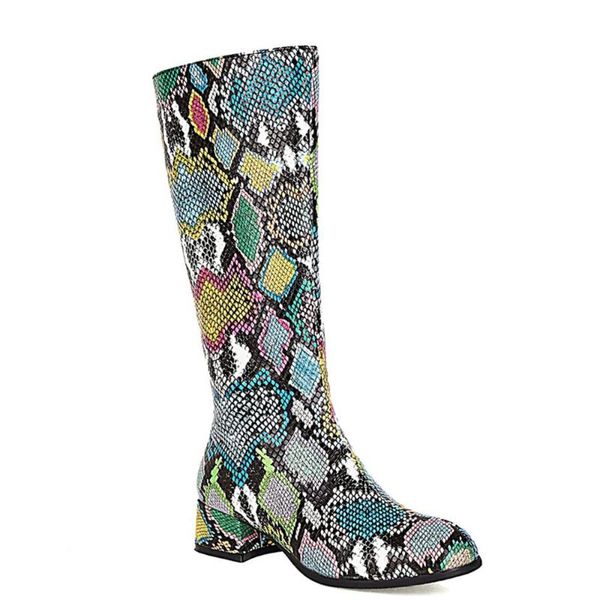 

2020 winter boots women's all-match shoes thick heel snake print pu oversized knee-length boots warm knight, Black