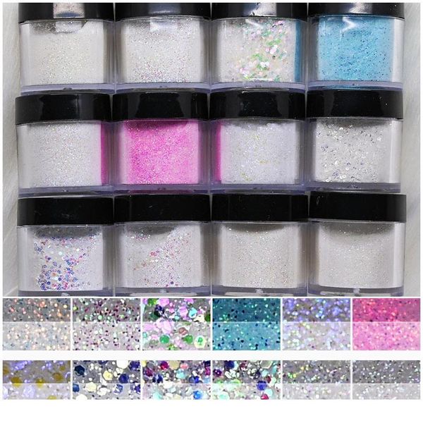 

12 jar/set acrylic glitter powder diamond dip glitter with sequins for builder gel extensions sparkle 2 in 1 acrylic/di jlltev, Silver;gold