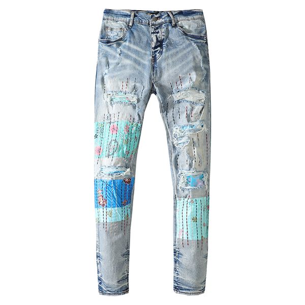 

men colorful patchwork ripped jeans hip hop denim pants hole streetwear high street slim-cut trousers, Blue