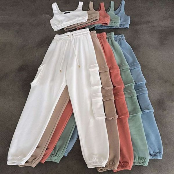 

women's fashion leisure in autumn and winter 2020 solid color baggy lace up sportswear casual pants, White
