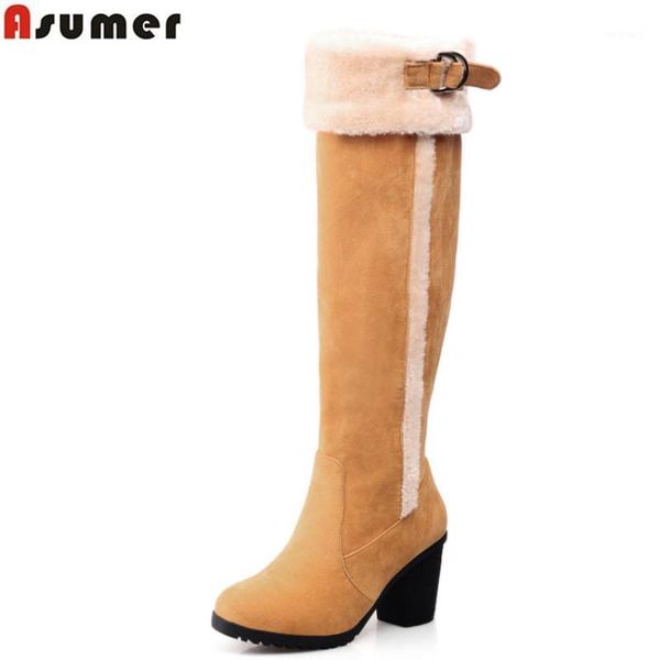 

asumer puls size 34-43 2020 new arrival comfortable knee high boots thick high heels round toe platform winter warm women boots1, Black