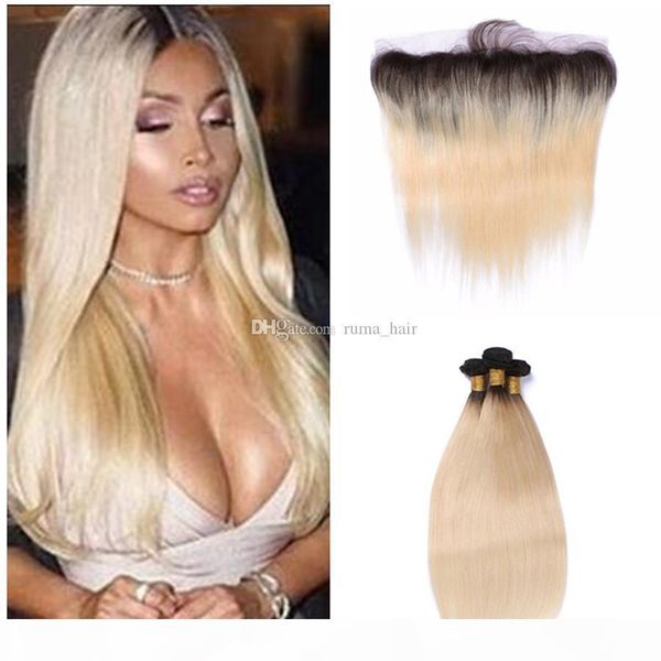 

ombre blonde hair with lace frontal 1b 613 sliky straight human hair bundles with 13*4 full lace frontal brazilian virgin hair 8a grade, Black;brown