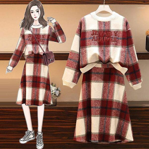 

2020 elegant 4xl plus size clothes for women slim 2 piece set autumn and skirt loose year-old female costume1, Gray