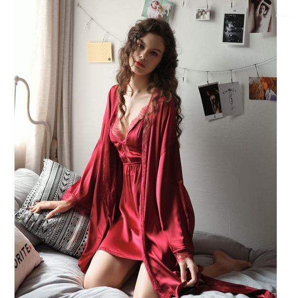 

women's summer robe set nightgown mini kimono lounge set bath gown yukata sleepwear silk dress pijama robe ensembles yp0881, Black;red