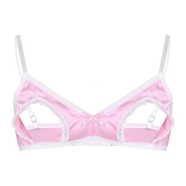 

mens sissy lingerie open cup lace bra soft smooth satin spaghetti straps hollow out nipples wire-no padded bra