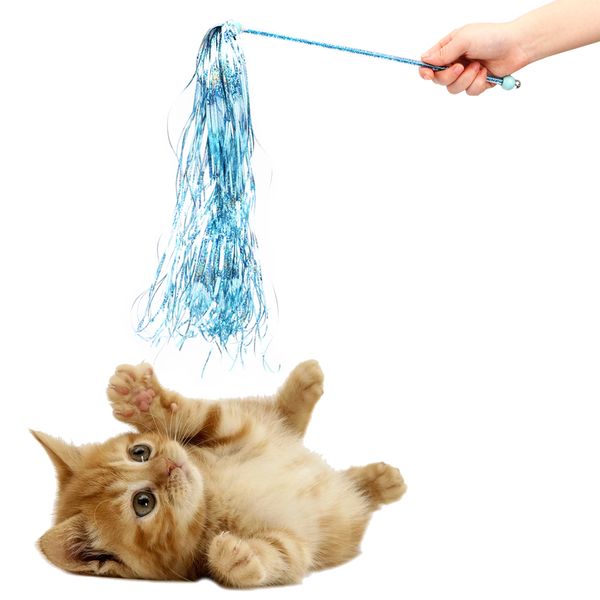 

rubber interactive cat with shiny tassels, plastic stick, fun and colorful stick