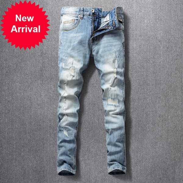 

2021 new estilo moda masculina retro luz azul elstico fino ajuste rasgado jeans retalhos vintage designer 8r5y, Blue