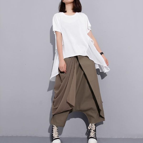 

new high spring 2020 elastic waist black fold bandage stitch loose long cross pants women trousers fashion jf897, Black;white