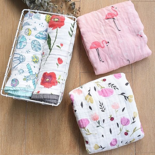 

120x120cm newborn baby swaddle wrap blanket 4 layers muslin cotton baby blankets floral print baby pgraphy props blanket y201009