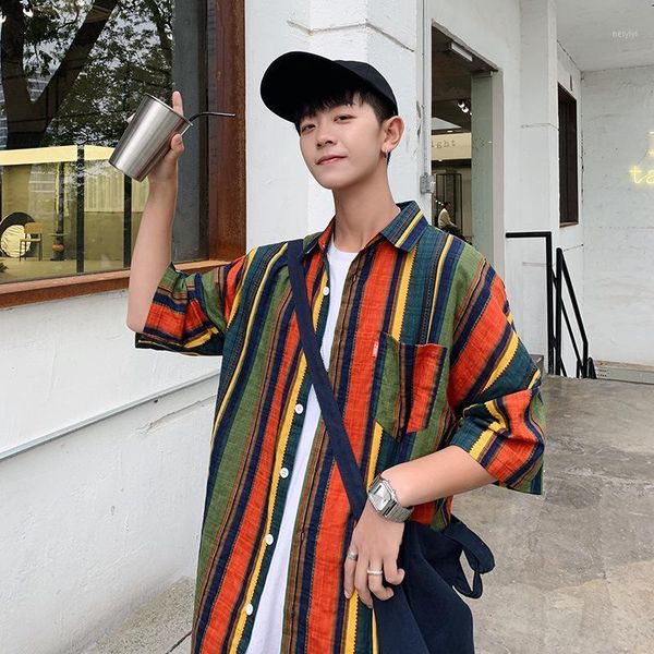 

men's casual shirts fashion plaid oversized short sleeve shirt men women flannel burr harajuku male strip1, White;black