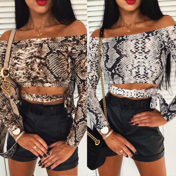 

summer women ladies snake skin print off shoulder long sleeve short shirts spring autumn female skinny crop blusa, White