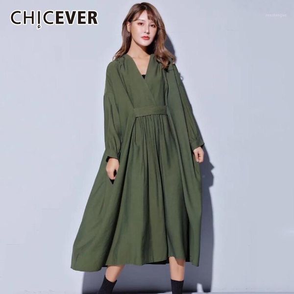 

chicever 2020 autumn dresses of the big sizes v neck long sleeve loose oversize midi dress female causal clothes new1, Black;gray