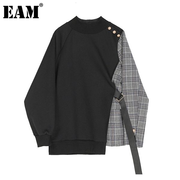 

[eam] loose black plaid ribbon irregular sweatshirt new round neck long sleeve women big size fashion spring autumn 1z261 201127