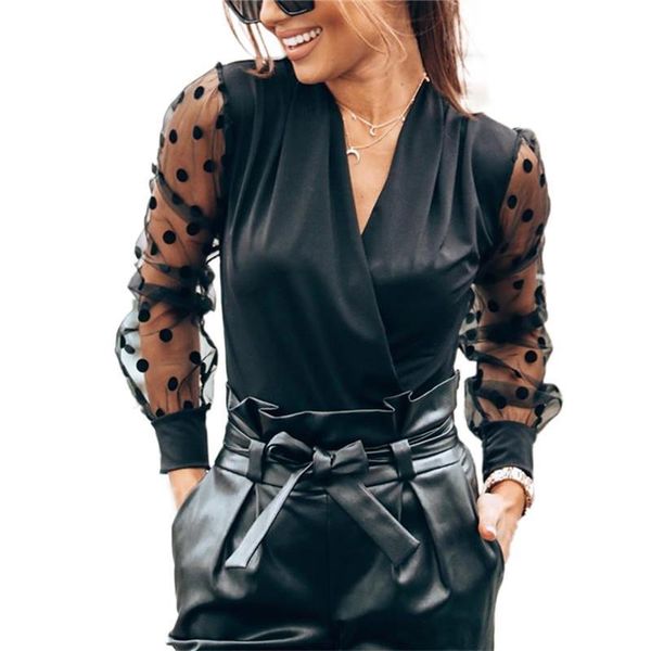 

women polka dot mesh blouse v neck mesh polka print long sheer sleeve pullover black blouse, White