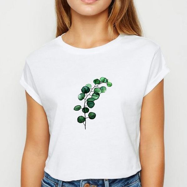 

new t-shirt female leaves and cactus tshirt hipster spring summer plus size pretty recreational o-collar t-shirts, White