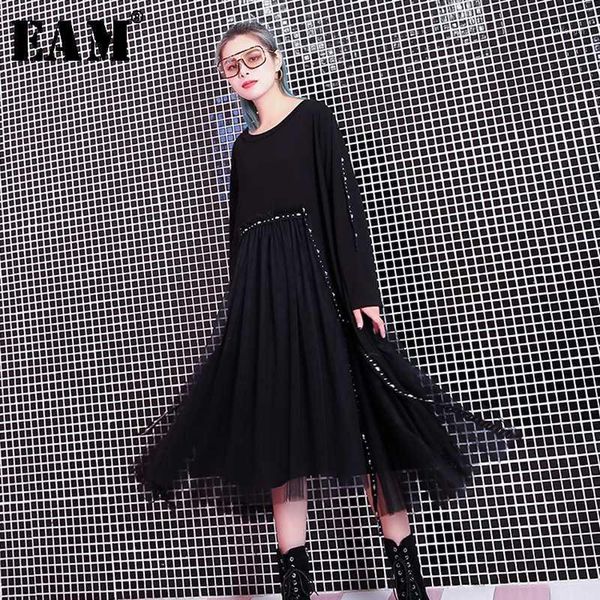 

eam] women black mesh asymmetrical big size dress new round neck long sleeve loose fit fashion tide spring autumn 2020 jh7841, Black;gray