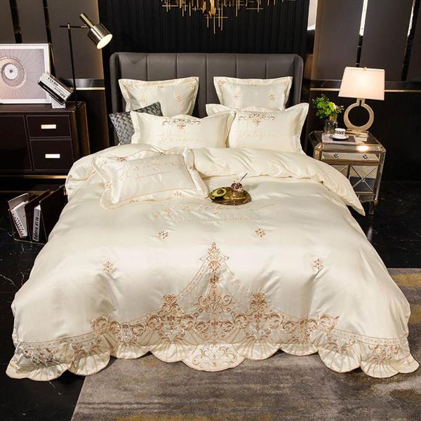 

papa&mima beige white embroidery bedding set silk cotton linens  king size duvet cover set flat /fitted sheet pillow sham