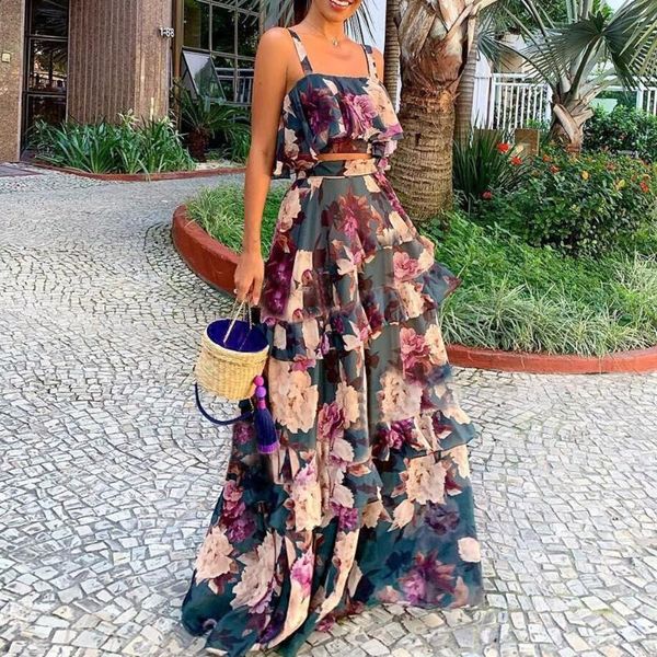 

two piece sets summer sleeve crop + ruffle layered skirt retro floral print women sets boho maxi casual suits purple dress, White