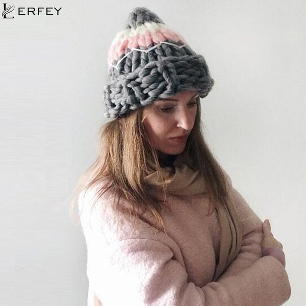 

warm patchwork hats casual female autumn winter hats handmade coarse knitted hat for women beanies candy color caps, Blue;gray