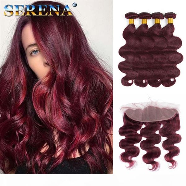 

wine red lace frontal with bundles #99j burgundy brazilian virgin human hair body wave with 13x4 ear to ear full lace closure baby hair, Black;brown