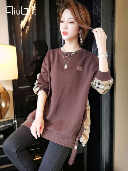 

qiubi crew neck women's autumn 2020 new loose korean foreign style splicing long sleeve bottom coat, Black