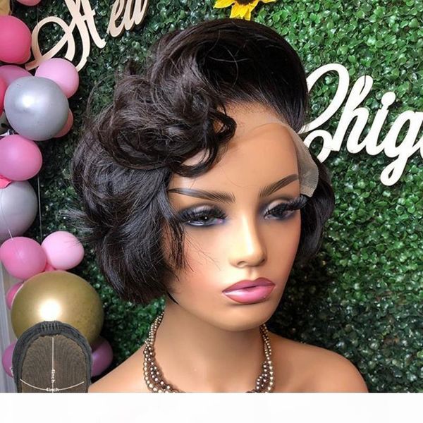 

pixie cut short curly bob wig 4x4 lace closure human hair wigs for black women glueless brazilian remy 150 density, Black;brown
