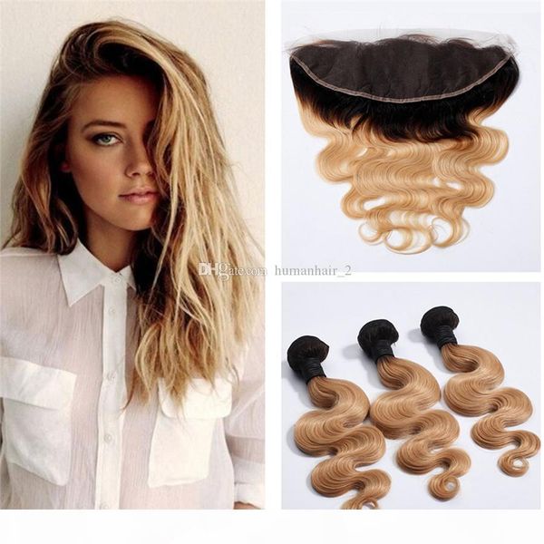 

9a middle 3 part lace frontal with two tone 1b 27 honey blonde dark roots ombre body wave virgin human hair bundles, Black;brown