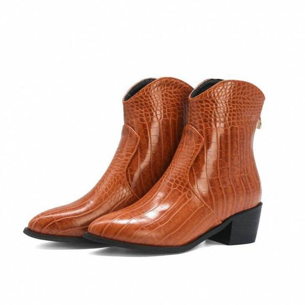 

boots western style crocodile embossed pu women ankle boot female thick heels ladies pointed toe shoes woman 2021, Black