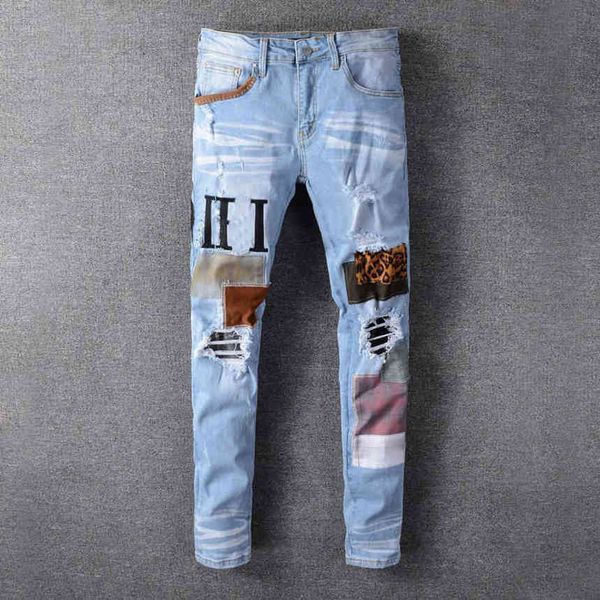 

Mens Jeans Classic Hip Hop Stylist Jean Distrsed Ripped Biker pant Slim Fit Motorcycle Denim trousers, Blue