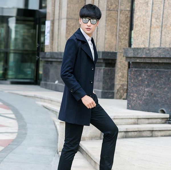

men's clothing medium-long wool coat mens woolen coats teenage plus size casual single breasted coat men outerwear blue autumn1, Black