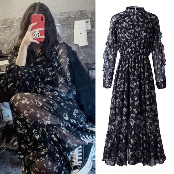 

autumn winter 2020 ouyang nana same floral dress french printed platycodon 8692 chiffon skirt chiffon skirt uwre4, Black;gray