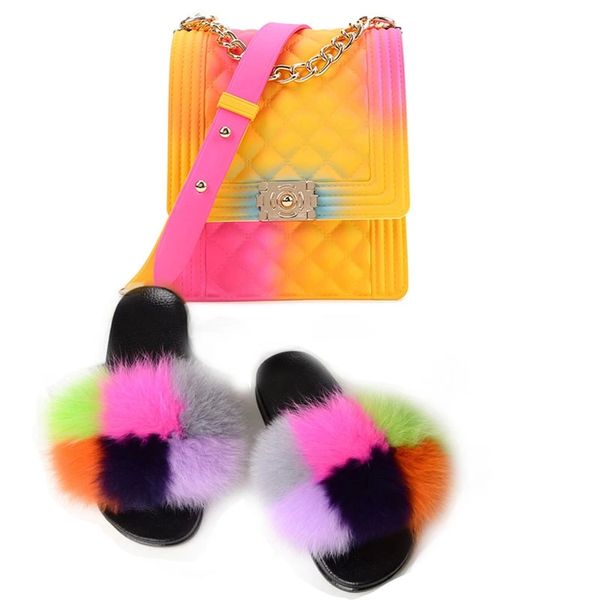 

casual women fluffy rainbow fur slippers combination splendid beach jelly satchel ladies furry plush fur slides purse shoes sets #sa94, Black