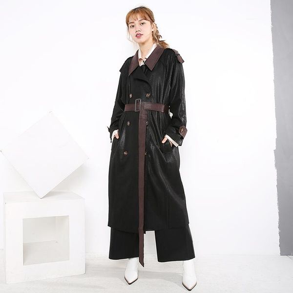

eam] women contrast color khaki big size long trench new lapel long sleeve loose windbreaker fashion spring autumn 2021 1dc992, Tan;black