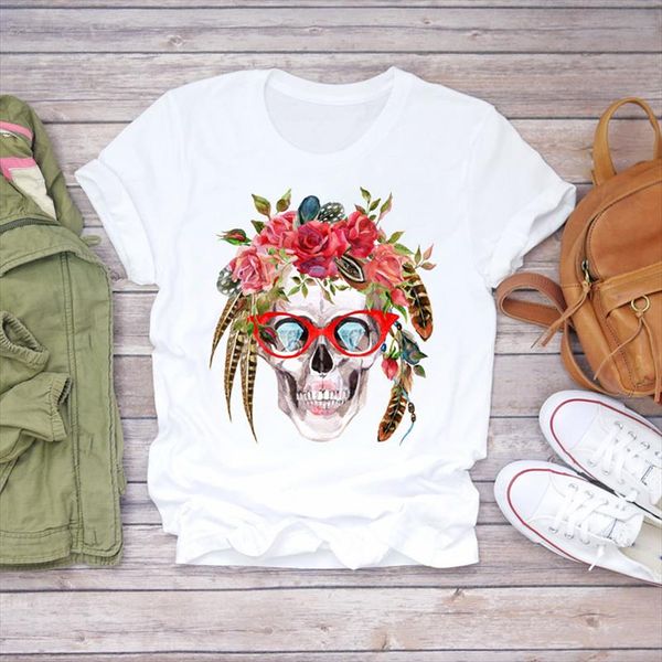 

women watercolor skull feather printing halloween 90s print lady t shirts womens graphic t shirt ladies female tee shirt, White