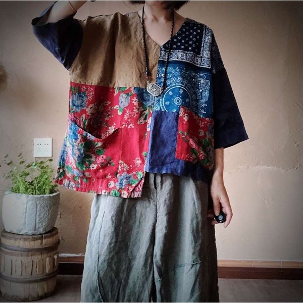 

2020 luogu mud washed linen patchwork loose shirt 1694 safflower, White