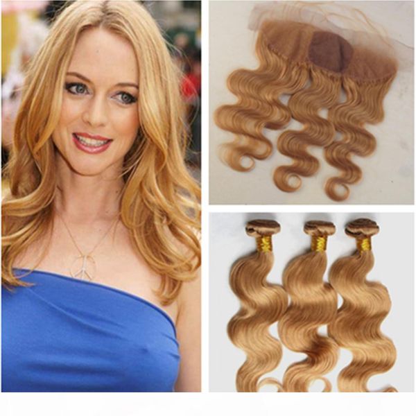 

honey blonde body wave human hair silk base lace frontal 13x4 with bundles #27 light brown brazilian human hair 3bundles with silk frontal, Black;brown