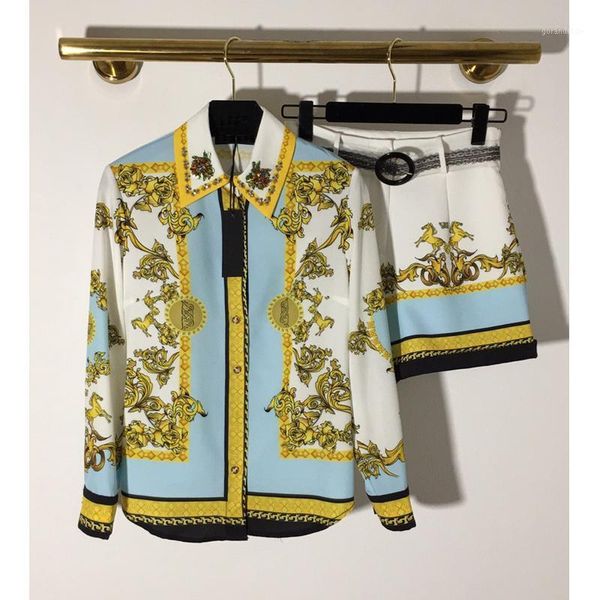 

11.13 women new heavy industry turn-down collar beading flowers print blouses + shorts suit with belt1, White