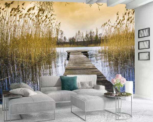 

custom 3d wallpaper mural beautiful wooden boardwalk with reeds and beautiful autumn scenery interior decoration 3d wallpaper