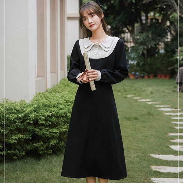 

one-piece 2021 spring autumn women chic dress french thickened corduroy stitching dress fake two waist waist temperament dresses, Black;gray