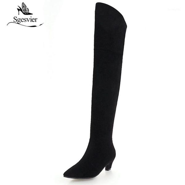 

sgesvier black fashion over the knee boots women pointed toe med heels zipper boots flock thigh high big size 34-48 ox9651